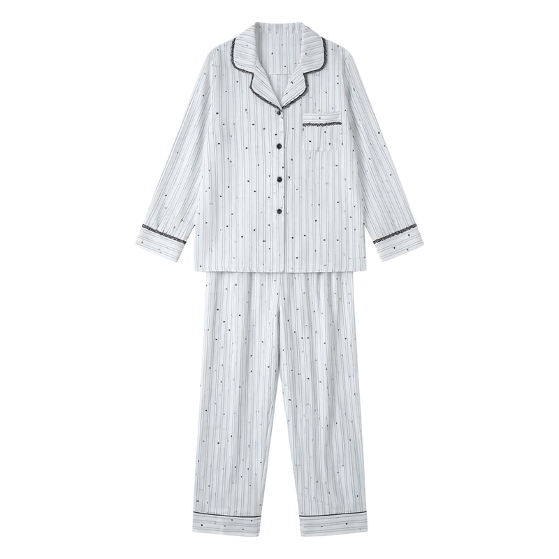 法式条纹波点真丝蕾丝翻领家居服