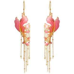 锦鲤鱼戏银鎏金耳坠非遗花丝珐琅彩镂空流苏新中式上岸珍珠银耳钩