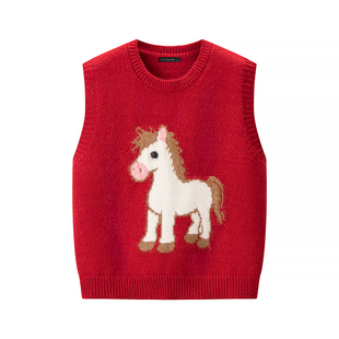 拉夏贝尔/La Chapelle红色小马提花针织马甲女春季新款背心上衣