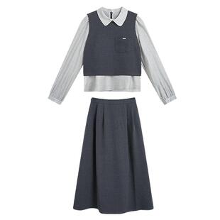 紫涵莱赛尔灰色假两件长袖上衣a字半身裙上下两件套装女春季新款