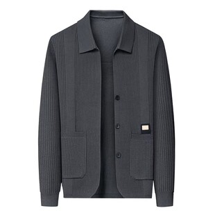 商务休闲翻领针织开衫男外套2025春秋新款贴布毛衣潮牌修身上衣男