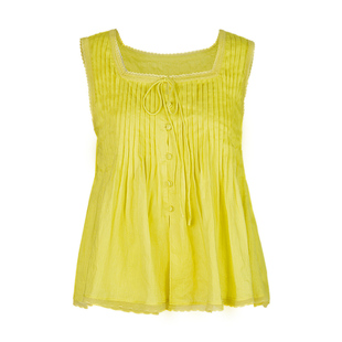 Betty私服！亚麻百褶圆领背心黄色白色重工打条方领无袖宽松上衣