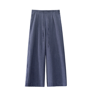 海岛泡泡棉蓝色格子裤女夏薄款慵懒松弛抽绳休闲裤复古肌理阔腿裤