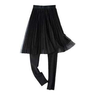 网纱裙裤一体假两件打底裤带裙子大码黑色女连裤裙纯棉莫代尔薄款