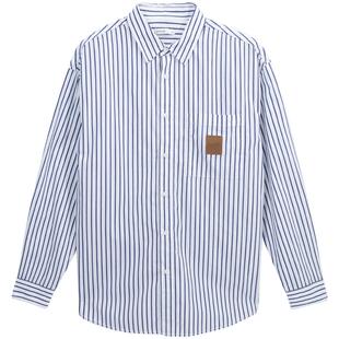 热风2025年春季新款男士兰白色竖条纹衬衫青春休闲修身外搭男衬衣