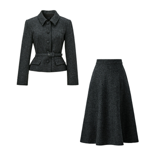 颜域羊毛毛呢短外套半身裙两件装女2025冬季新款职业气质穿搭套装
