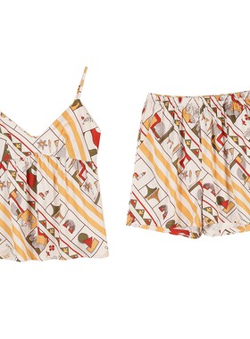 秋鹿仿真丝睡衣夏季女款吊带上衣短裤套装南韩丝家居服女春夏薄款
