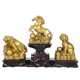 全铜虎马狗三合贵人招财客厅摆件寅午戌虎形马形狗形吉祥物工艺品