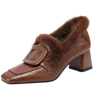 秋冬季新款方头一脚蹬小皮鞋洋气貂毛毛鞋加绒高跟粗跟深口单鞋女