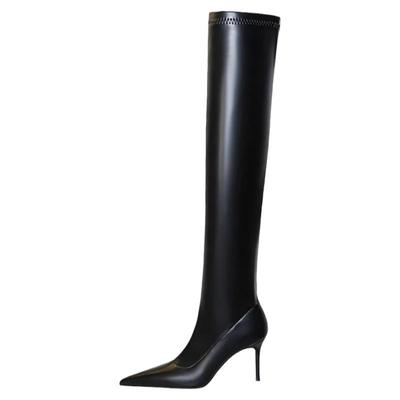 细跟高跟尖头皮面弹力过膝长靴