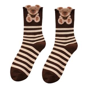 【4双装】羽毛纱韩版可爱卡通小熊袜子女中筒袜学院风冬季运动袜