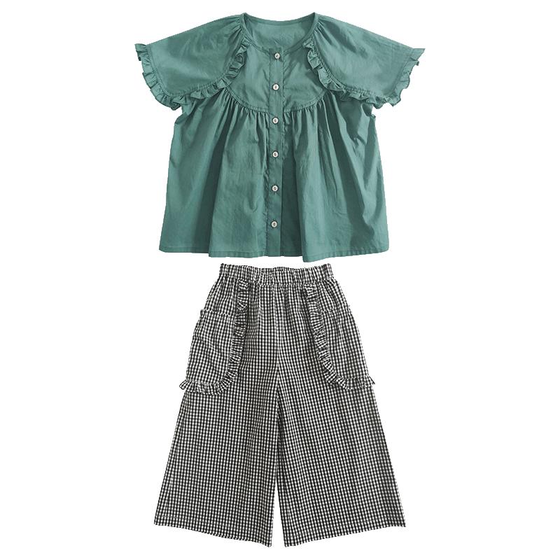 女童套装夏季短袖衬衫纯棉阔腿裤