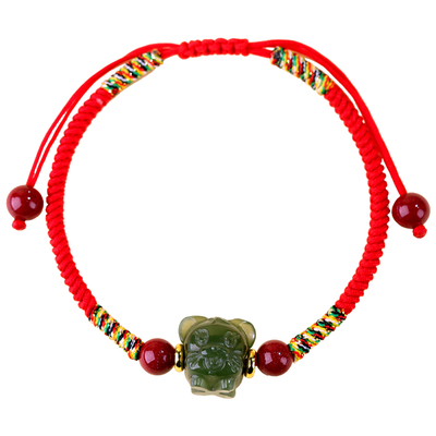 和田玉生肖属鼠红绳手链