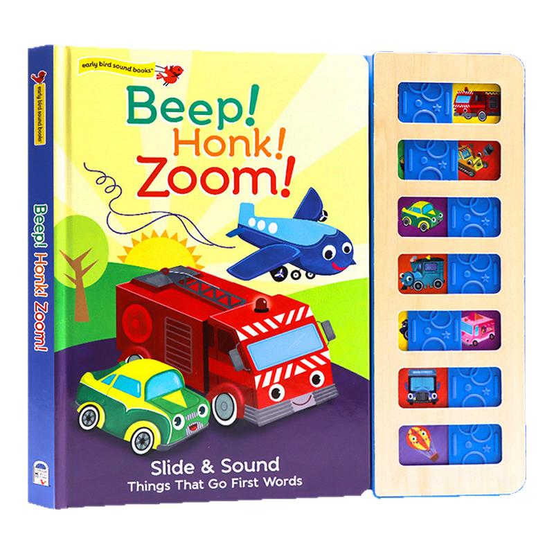 交通工具木质滑块发声书Beep! Honk! Zoom! 英文原版绘本 木制滑块记忆配对游戏交通工具英语单词启蒙认知纸板大开触摸趣味发声书