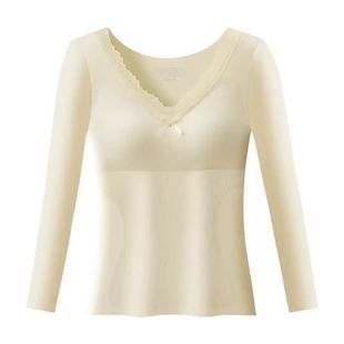 蕾丝花边v领保暖打底衫女秋冬季修身加绒内搭纯欲带胸垫蚕丝上衣