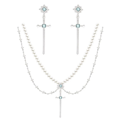 现货·《独暮》y2k辣妹蓝色十字架珍珠项链女小众复古感锁骨链