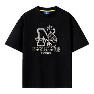 [重磅T]NAVIGARE意大利小帆船黑色T恤短袖男休闲时尚设计圆领体恤