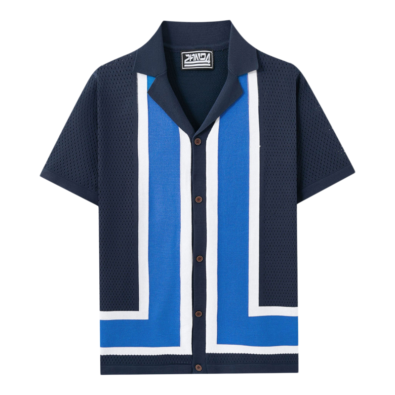 2026夏季欧美男装条纹撞色上衣翻领短袖镂空透气Polo衫Men Shirts
