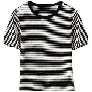 84144 福利款 无补  女士纯棉条纹短袖 圆领T恤衫 短款夏款 女装