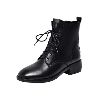 2026新款女士春秋软皮靴子马丁靴女款系带粗跟短靴单靴中跟真皮鞋