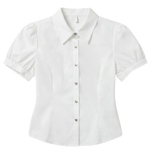小个子短袖白色衬衫女夏季面试修身收腰短款泡泡袖上班职业衬衣