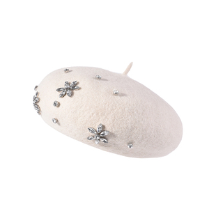 贝雷帽女秋冬季新款水钻羊毛呢帽子时尚百搭英伦复古韩版画家帽潮