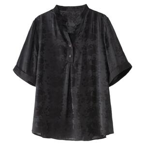 简约大方V领提花短袖衬衫女2023夏新款遮肚子显瘦洋气中老年上衣