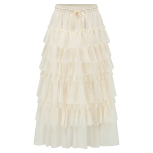 SHRO ENRO春季新款高腰抽褶设计新年氛围感雪纺甜美A字蛋糕长半裙