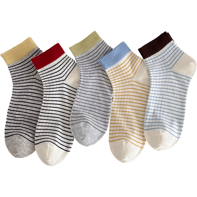 夏季短筒无骨袜子女网眼简约条纹短袜女季棉袜撞色ins风百搭透气