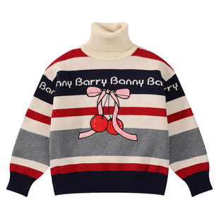 BarryBanny女童樱桃针织衫上衣新款冬季高领条纹儿童加厚保暖毛衣