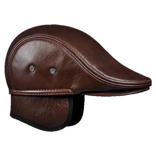 真皮帽子男士中老年人鸭舌帽秋冬季复古前进帽贝雷帽爸爸护耳保暖