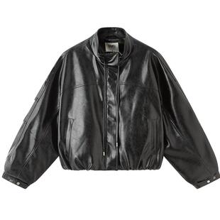 三福皮衣外套女2026新款春季时尚宽松兜摆翻领黑色夹克女装517586