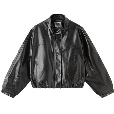 三福皮衣外套女2026新款春季时尚宽松兜摆翻领黑色夹克女装517586