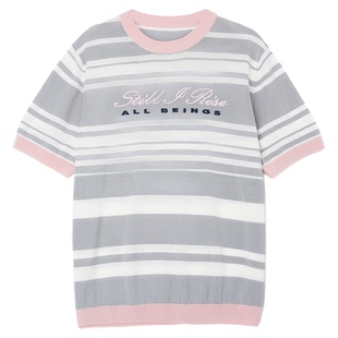 ALL BEINGS25SS灰粉字母刺绣圆领条纹针织衫短袖T恤女夏季薄款