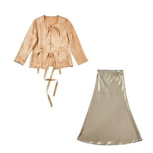 小众原创设计新中式真丝手绘提花精致小衫外套香槟色高级套装惊艳