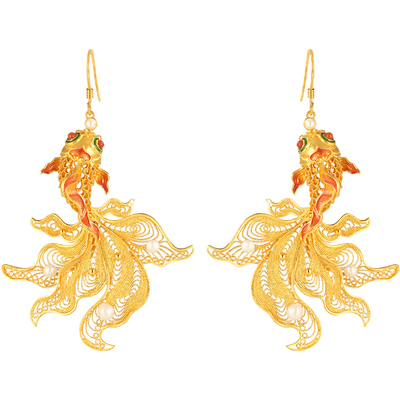 非遗花丝镂空上岸锦鲤银鎏金耳环