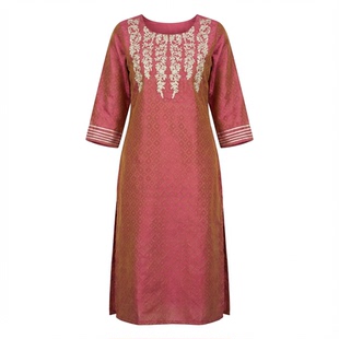 印度服装印巴风情女宽松圆领中长款提花舞蹈刺绣棉混纺上衣橘红