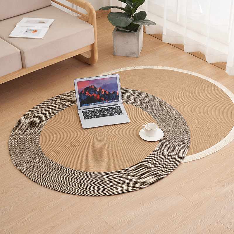 圆形客厅地毯卧室亚麻纹民宿椅子床边茶几寂中式毯侘梳妆台垫防滑