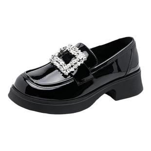 依思q厚底小皮鞋女2026新款秋法式玛丽珍黑色单鞋水钻方扣乐福鞋