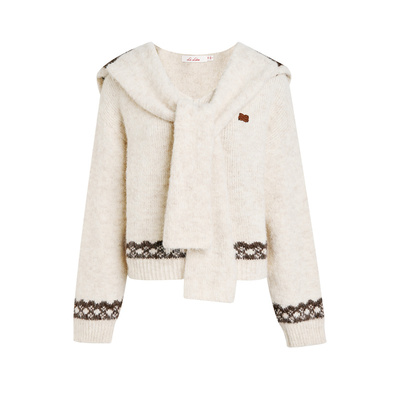 提花披肩v领针织毛衣两件套