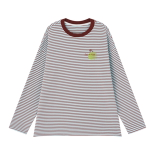 飞鸟和新酒撞色刺绣条纹T恤女秋季新款短款宽松复古圆领长袖上衣