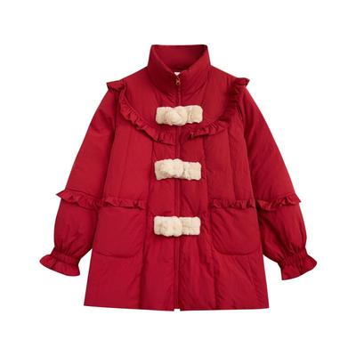 紫涵立领木耳边毛绒盘扣红色羽绒服女冬季新款甜美宽松白鸭绒外套