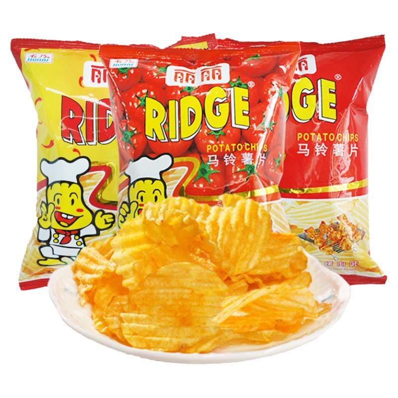 丽丽波浪薯片RIDGE中包55g烤肉番茄香辣味马铃薯膨化食品*9包