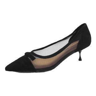 西村名物(微瑕）网纱高跟鞋镂空网面通勤百搭细跟黑色女鞋19771