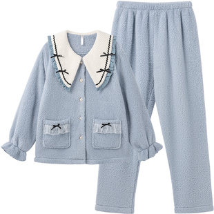 玛伦萨双面绒睡衣女秋冬新款赫本领开衫加绒加厚保暖家居服套装