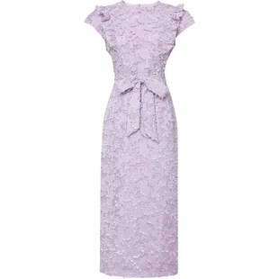 2026夏季新款圆领荷叶短袖雪纺流苏系蝴蝶结腰带收腰直筒连衣裙