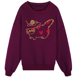 落落狷介 加绒卫衣女2025新款酒红色刺绣宽松套头圆领无帽小个子