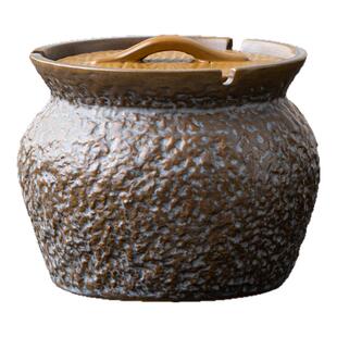 创意新中式复古粗陶烟灰缸陶瓷带盖防飞灰家用客厅茶桌大烟缸送礼