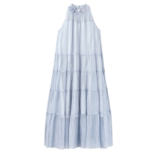 MISSCOCOON可可尼蓝色挂脖圆领连衣裙2025秋季新款大裙摆度假裙子