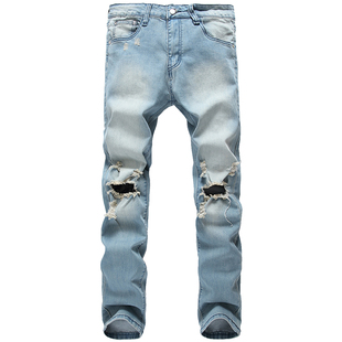 欧美高街膝盖破洞牛仔裤潮流男生弹力修身裤小脚乞丐裤gd同款裤